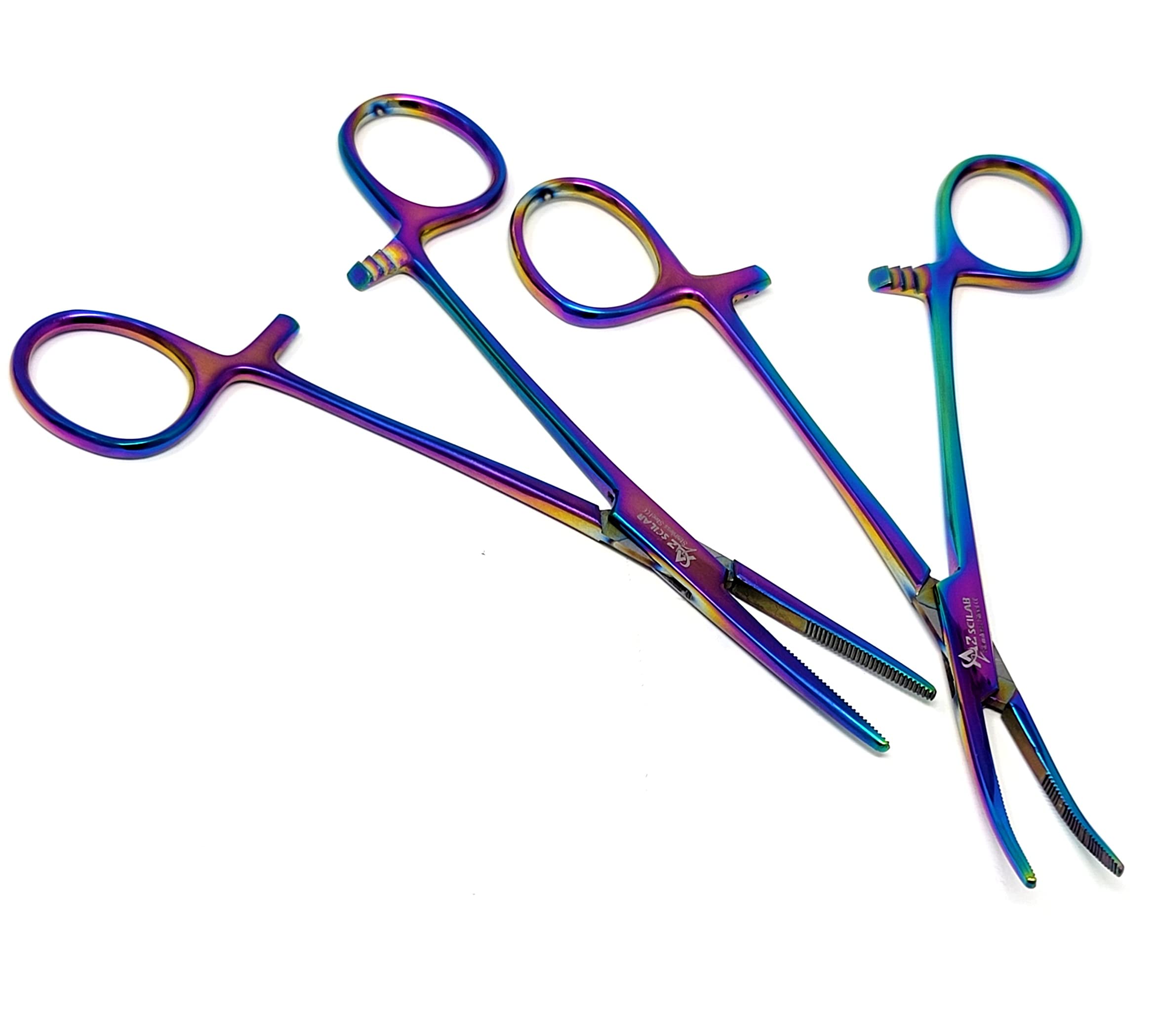 Kelly Hämostat-Pinzetten, 14 cm, gerade und gebogen, Premium-Qualität, Edelstahl, mit halbgezackten Backen, mehrfarbig, 2 Stück
