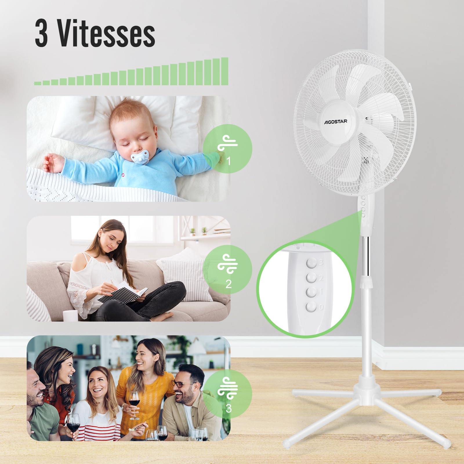Aigostar Ventilateur sur Pied, 3 Vitesses, 7 Pales, Oscillation 75°, Stable et Silencieux, Hauteur réglable 108-125cm, 50W, Blanc - Erika