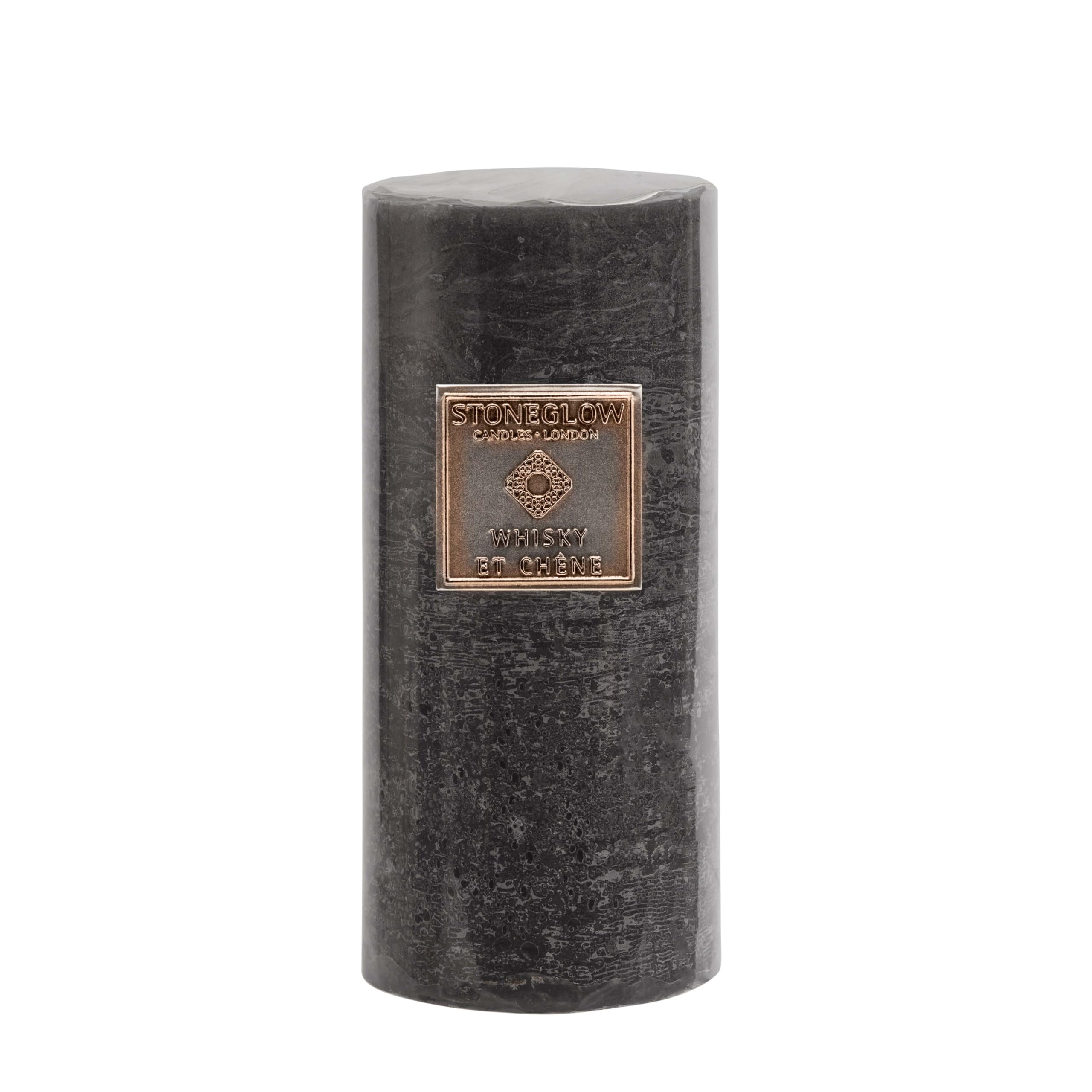 Stoneglow Metallique Collection - 600 Grams Whisky Et Chene Tall Scented Pillar Candle - Grey