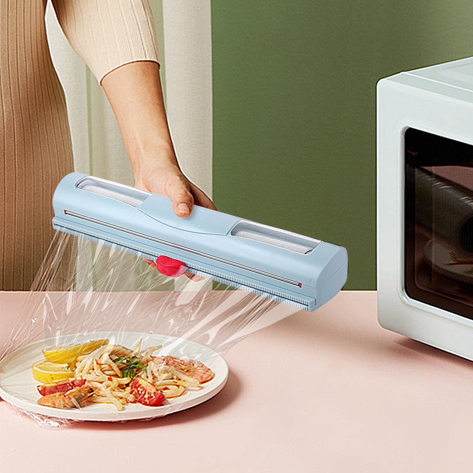 Tilizan Distributeur de Papier Aluminium 2 en 1 en Bois, Organisateur d' emballage de Cuisine, Distributeur Papier Aluminium et Film avec Coupe- Papier, Convient pour Couper Divers Sacs Alimentaires