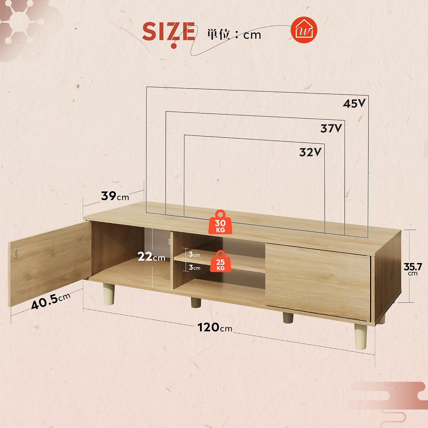 Diagram showing the dimensions of the WLIVE TV Stand, including width, depth, height, and internal compartment measurements.