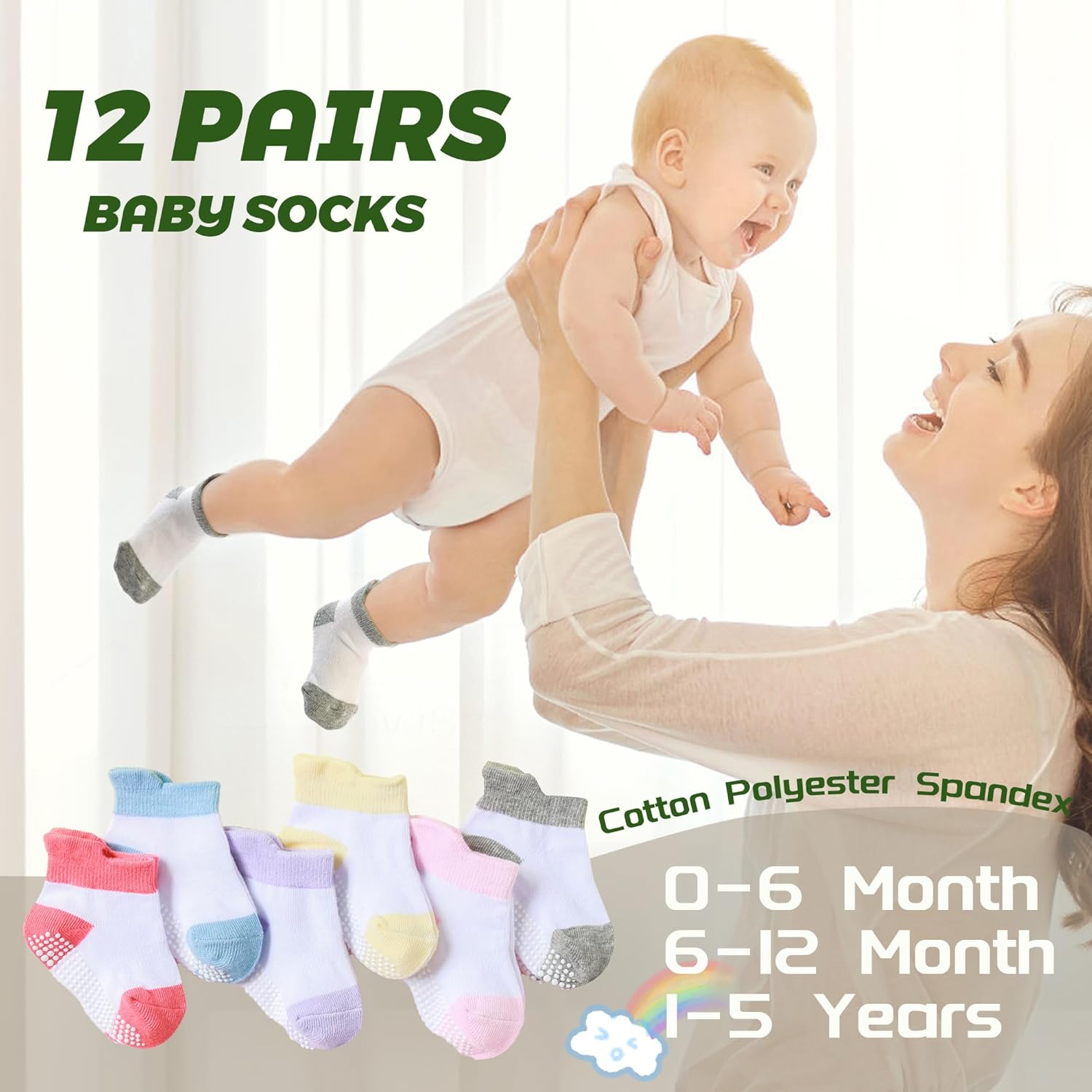 HYCLES Toddler Girl Socks, 12 Pairs Non Slip Ankle Toddler Socks for 1-7 Years Baby Girls Kids - Image 2