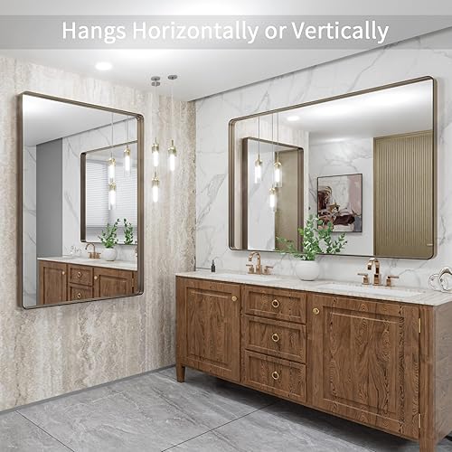 Miniatura 211 de LOAAO - Espejo de tocador para baño con marco de metal negro mate de 24 x 32 pulgadas para pared, rústico, rectangular, grande, redondeado