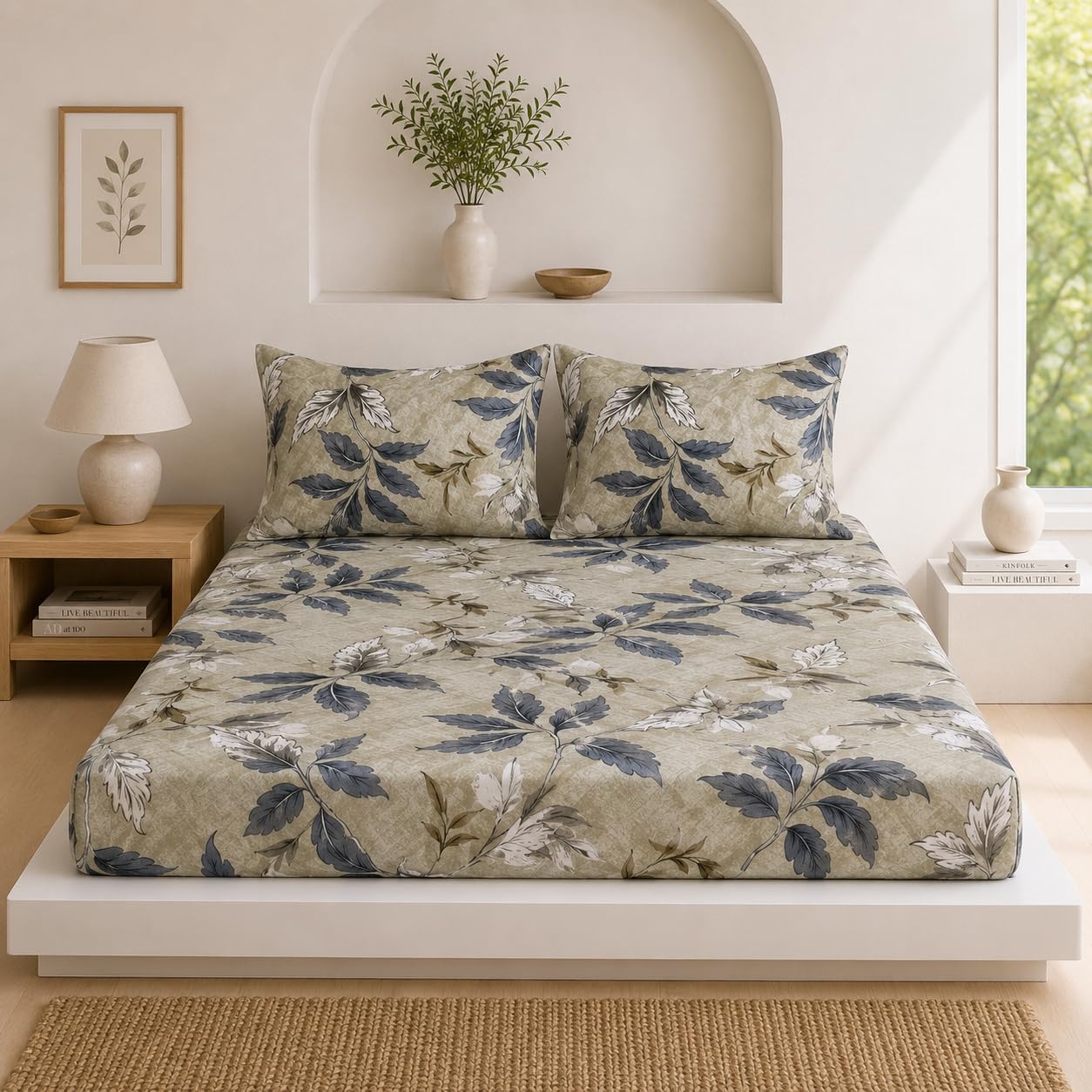 Premium Cotton King Size Bedsheet with 2 Pillow Covers | Soft & Breathable Double Bed Sheet Set | 90 x 100 Inches (230 x 250cm) | Mauve Floral Print (Multicream)-image-20