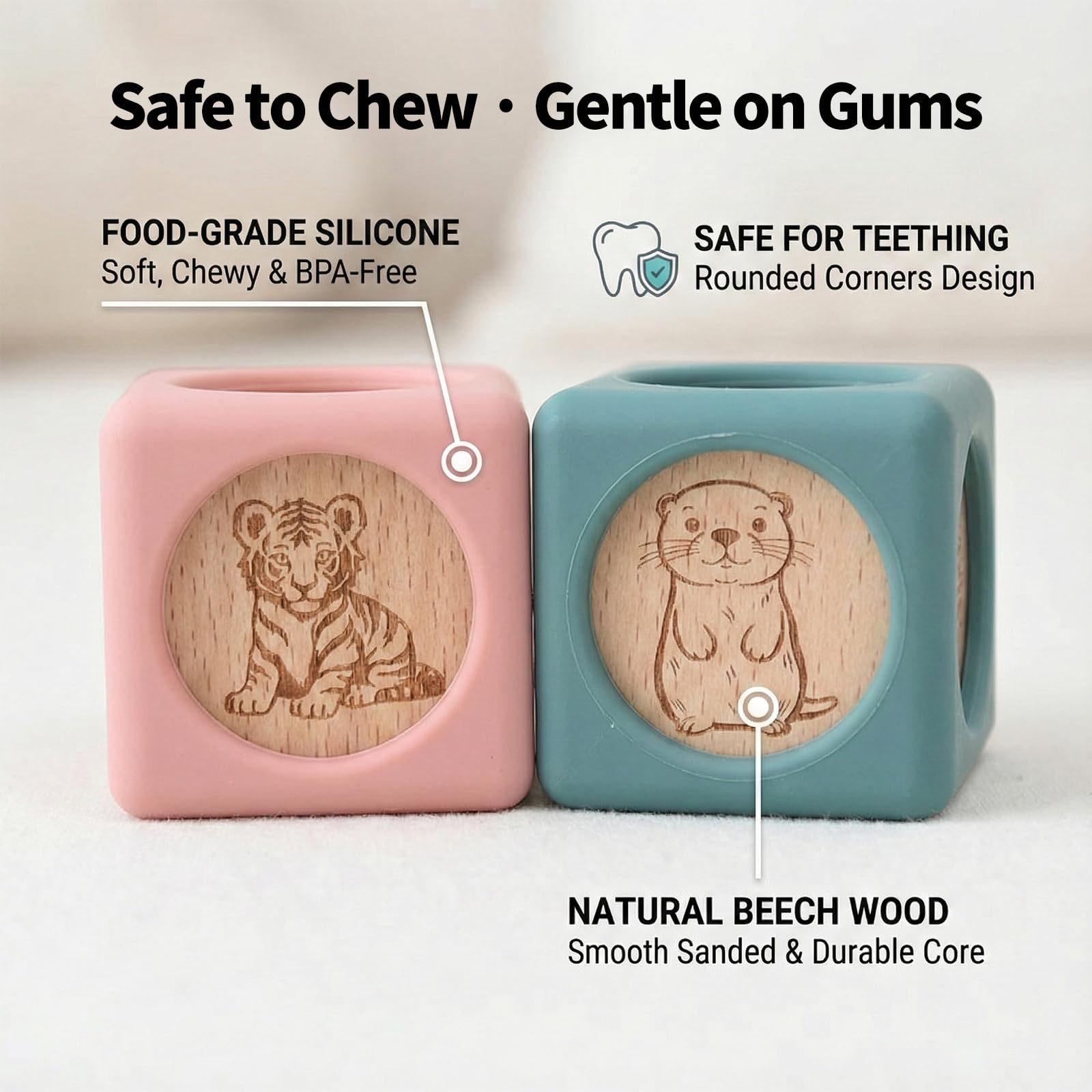 Little Rawr 9 bloques apilables de silicona para niños y madera, juguete de silicona de grado alimenticio con inserciones de madera natural, bloques Montessori masticables suaves para niños