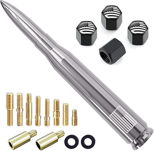 Vista 32 de Antena con válvula de neumático para automóvil y camión, antena corta universal de repuesto con bandera de EE. UU., accesorios para radio Plateado