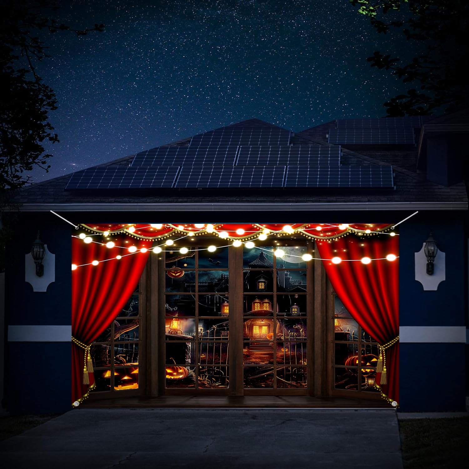 Halloween Garage Door Cover 7x8ft - Scary Cemetery Graveyard Backdrop Banner For Garage Door Decor, Horror Party Decoration