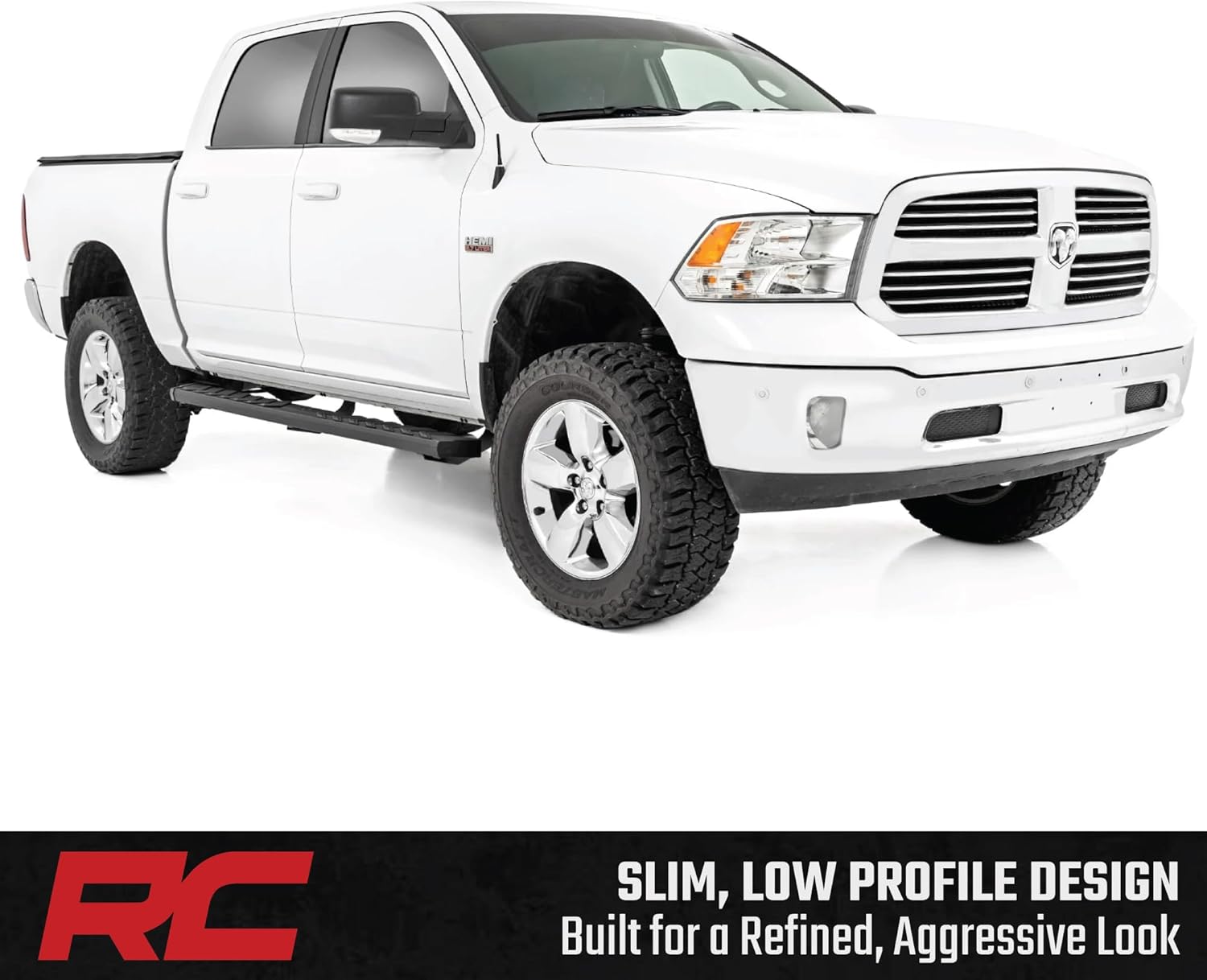 Rough Country BA2 Running Boards for Ram 1500/2500/3500 (2010-2025 & Classic) Crew Cab - 5" Wide Steel Step Bars, Non-Slip Grip Foot Rails, No-Drill Install, Truck Side Steps