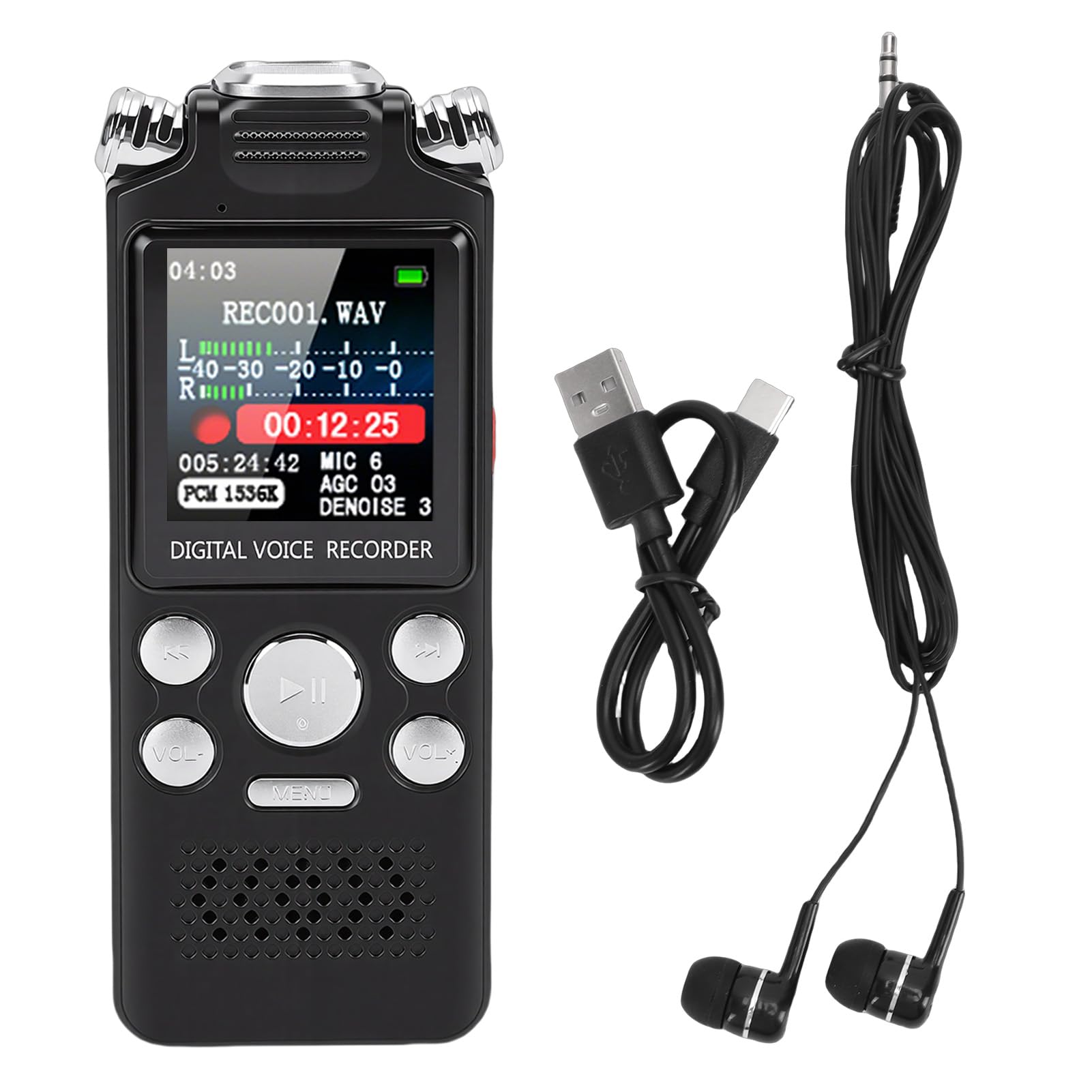 Grabadora de Voz Digital de 96 GB, Dispositivo de Grabación de Audio de 1536 Kbps, Reducción de Ruido de Micrófono Dual, Activación por Voz para Conferencias, Batería de 50