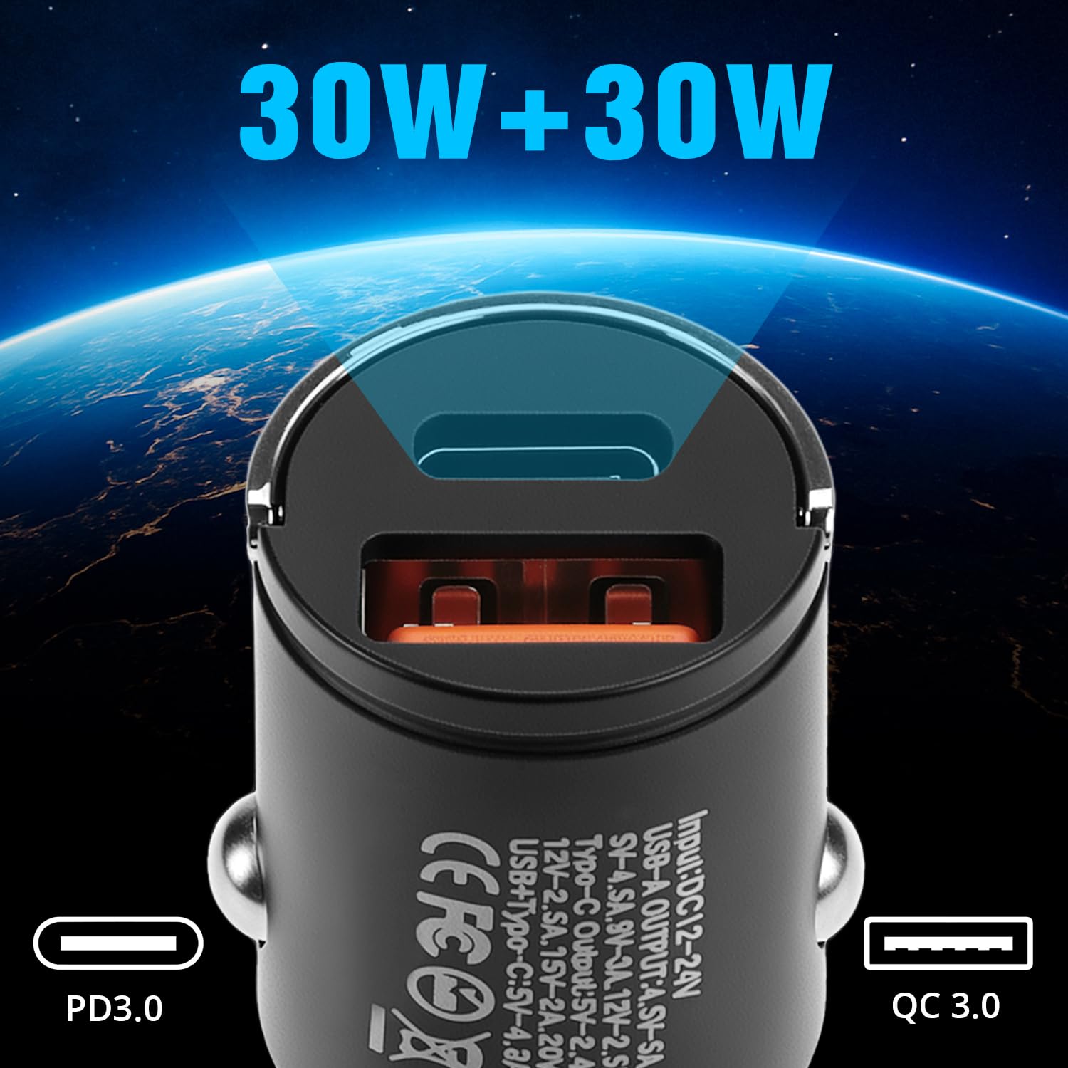 QWORK Ładowarka samochodowa USB-C, 2 porty DC 12 V 30 W, kompatybilna z PD 30 W, QC3.0 i 22,5 W szybkie ładowanie