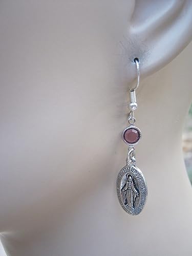 Virgin Mary Birthstone Earrings, Peronalized Miraculous Medal Earrings, Sterling Silver Plated Religious Earrings, Birth Month Crystal