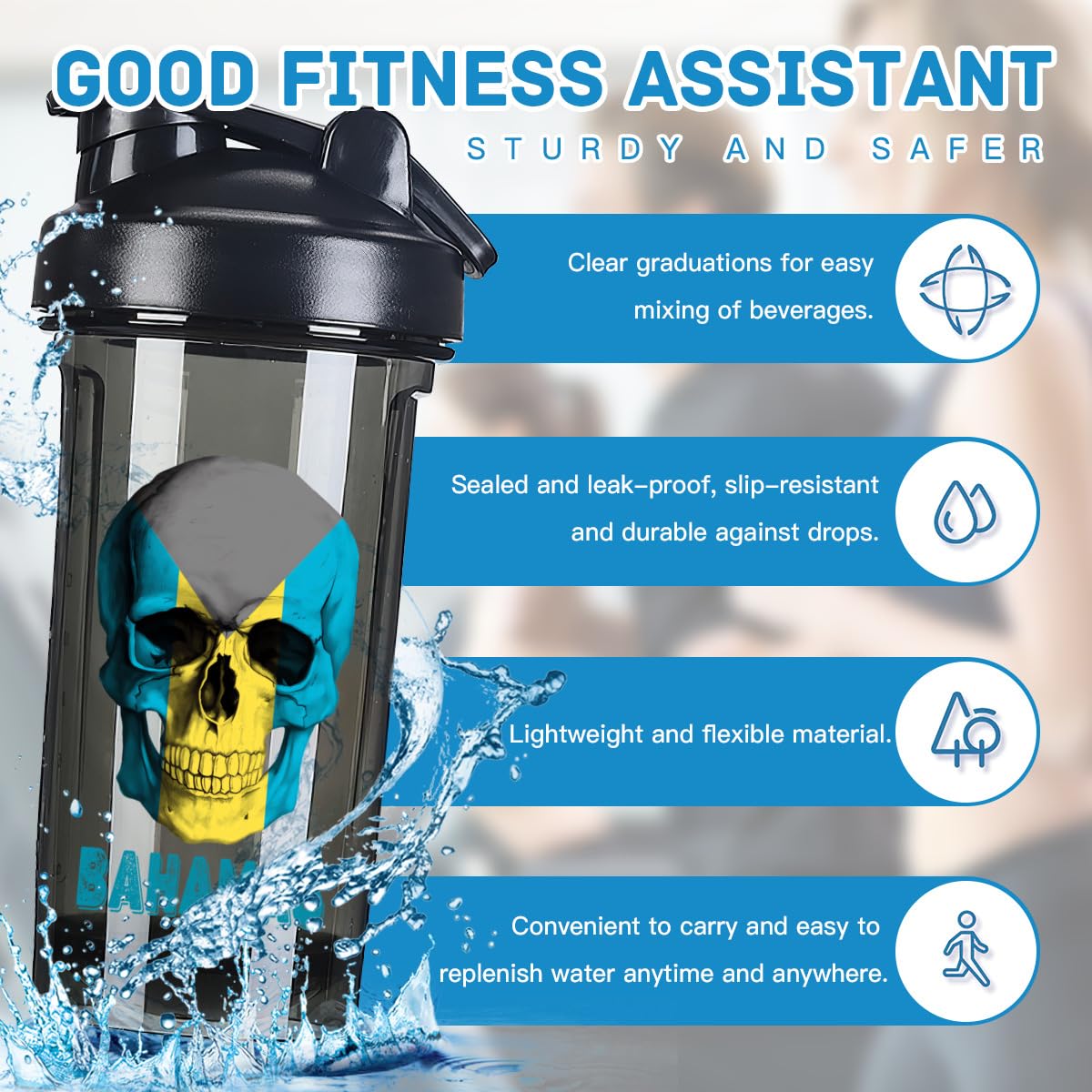 Skull Bahamas Flag 18 Ounce Shaker Cup,Fashion Theme Pattern Shaker Bottle Leak-proof Workout Shake Bottles 500ML/18 oz Perfect for Pre Workout-3-1