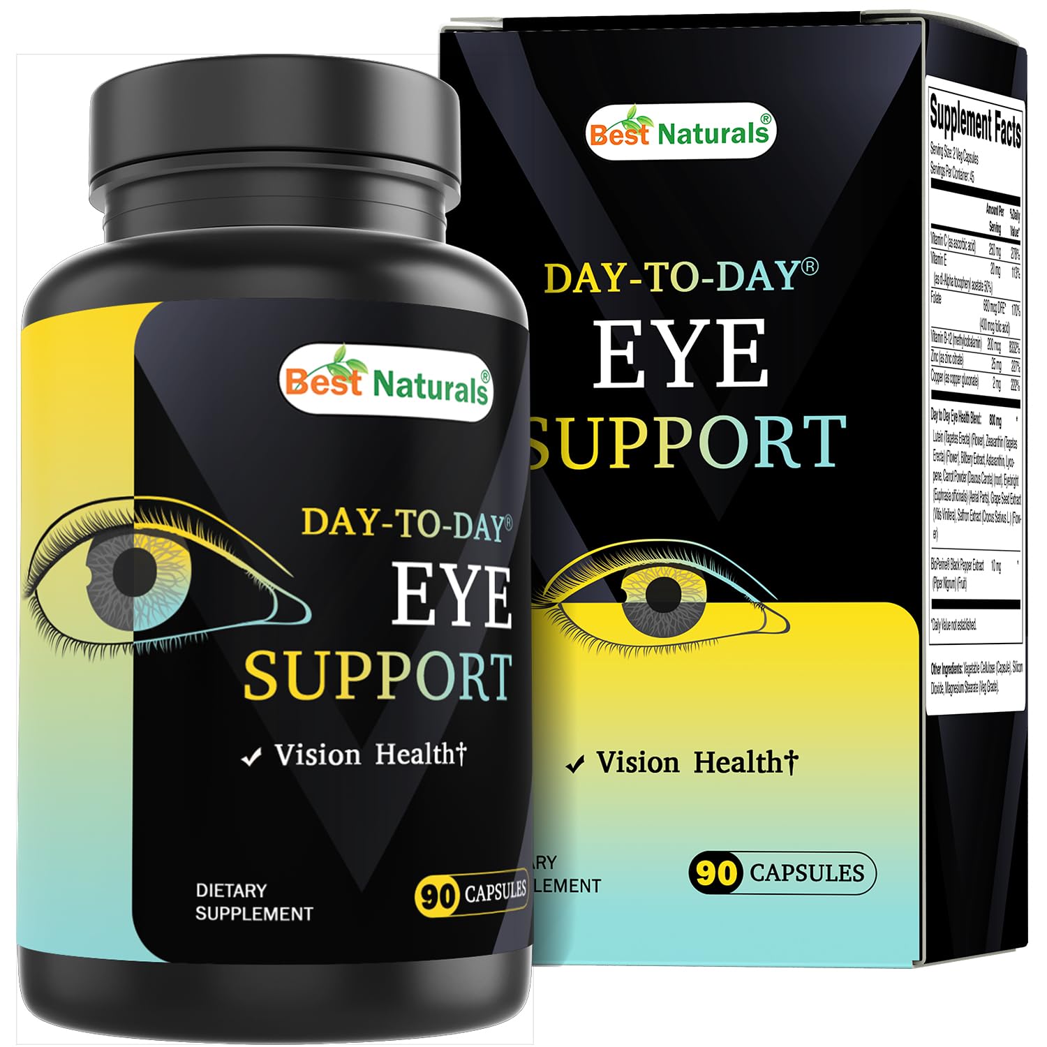 Best Naturals Day-to-Day Eye Support with Lutein, Zeaxanthin, Bilberry Extract, Astaxanthin, Lycopene, Carrot Powder 90 Veg Capsules