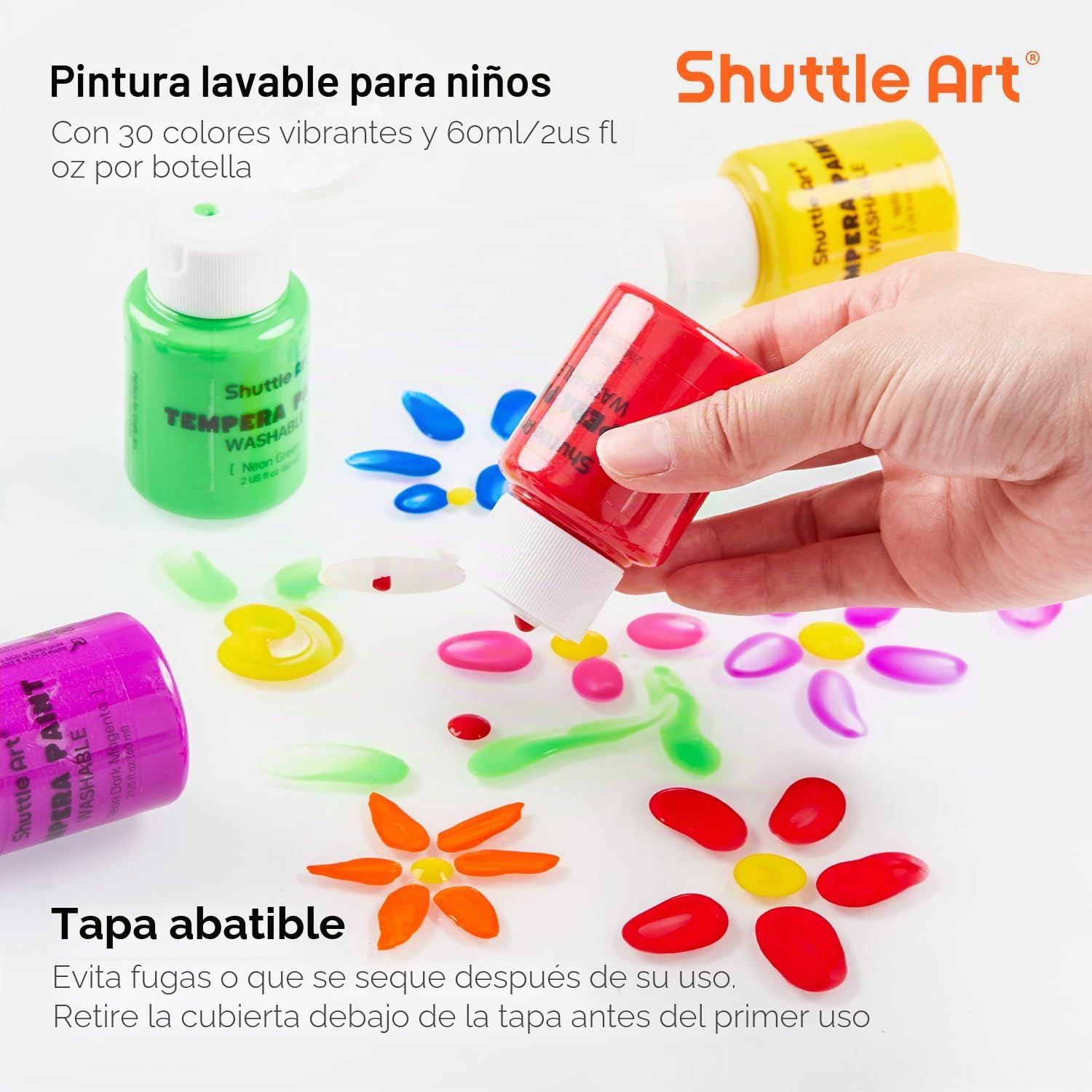 Shuttle Art Pintura Témperas, 30 Colores de Témpera en Frascos (2oz/60ml), Pinturas de Dedos No Tóxicos, Pintura al Tempera para Arte, Manualidades y Proyectos Escolares