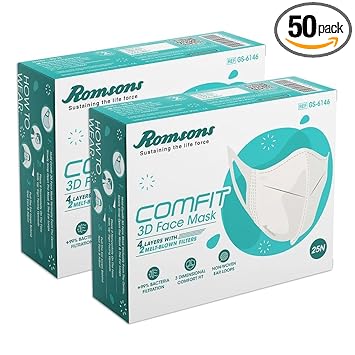Romsons Comfit Disposable Respirator, 4 Layer with 2 MELT-BLOWN Filters 3D Face Mask (50 pcs)