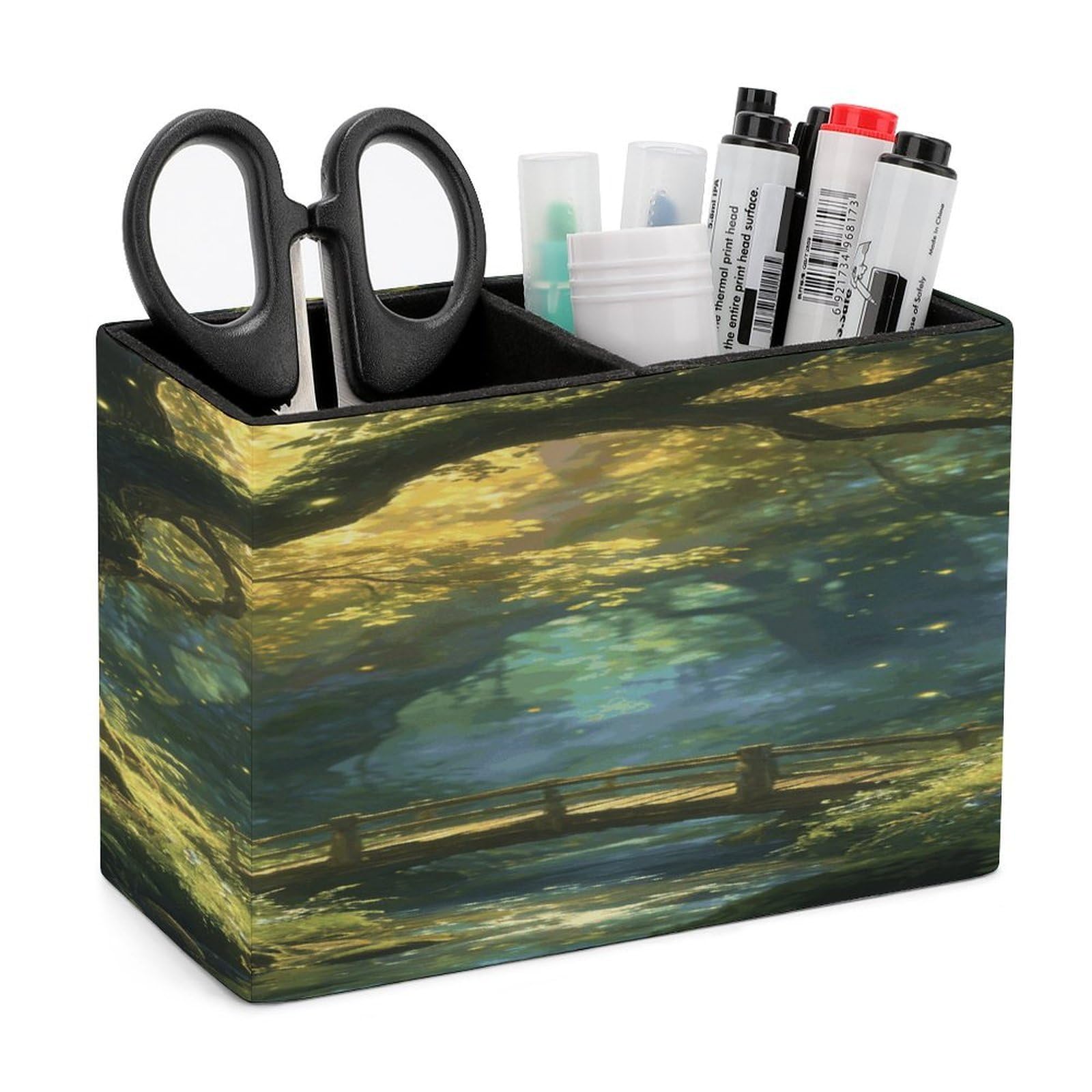 LZQPOEAS Enchanted Forest Pen Holder Double Compartments Pen Cup Makeup Brush Holders Leather Pencil Holder Locker Organizer for Work Locker Accessories Modern Pencil Cup for Desk