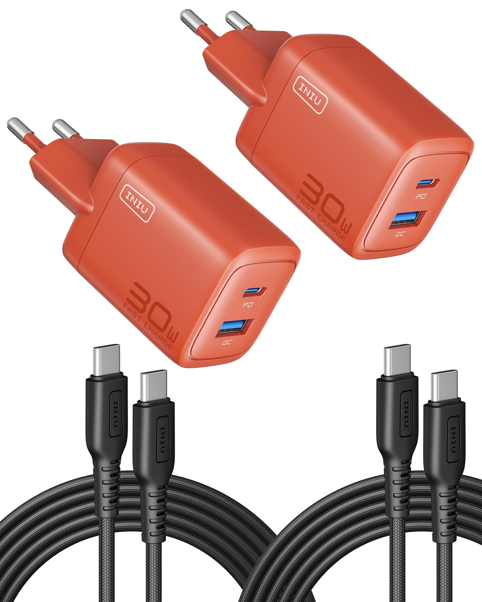 INIU 30W USB C Ladegerät, GaN Schnellladegerät mit 1,5m 60W Kabel, Dual-Port Netzteil mit intelligentem Geräteschutz