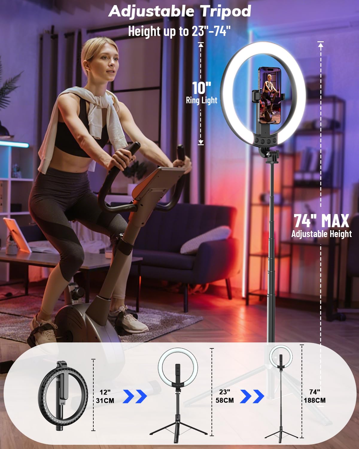 Yeaki Kit vlogging per iPhone/Android – Anello luminoso per selfie da 10 pollici con treppiede da 188 cm e supporto per telefono, treppiede per iPhone con luce e microfono, YouTube Starter Kit per