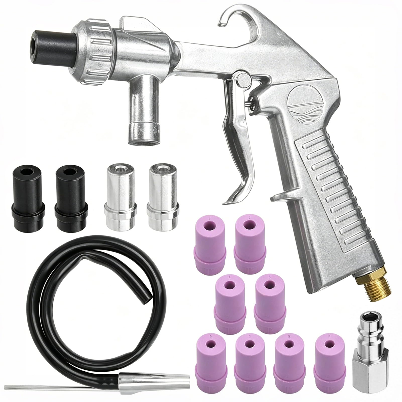 Sandstrahlpistole Set Druckluft, Sandstrahlen Pistole Kit mit 1m Gummischlauch mit Düsen Verschiedener Kaliber ein Luftanschlussnippel für Sandstrahlen