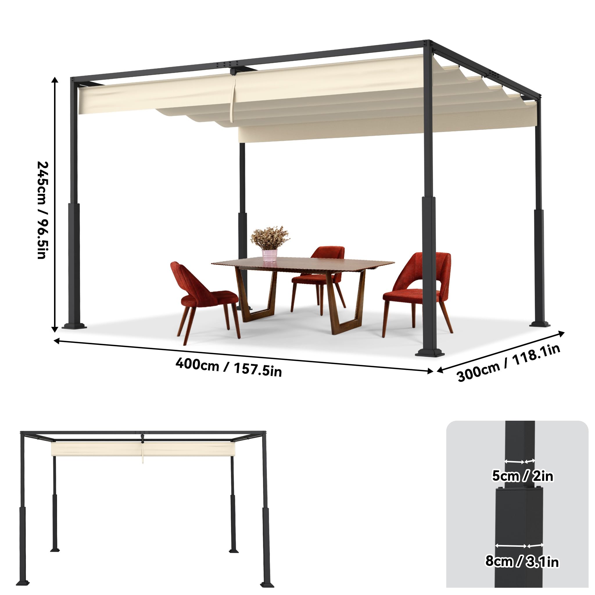 UISEBRT Pergola in metallo, 3 x 4 m, impermeabile, stabile, resistente all'inverno, gazebo con tetto a lamelle, tettoia parasole autoportante, con tetto scorrevole, per giardini e terrazze, beige