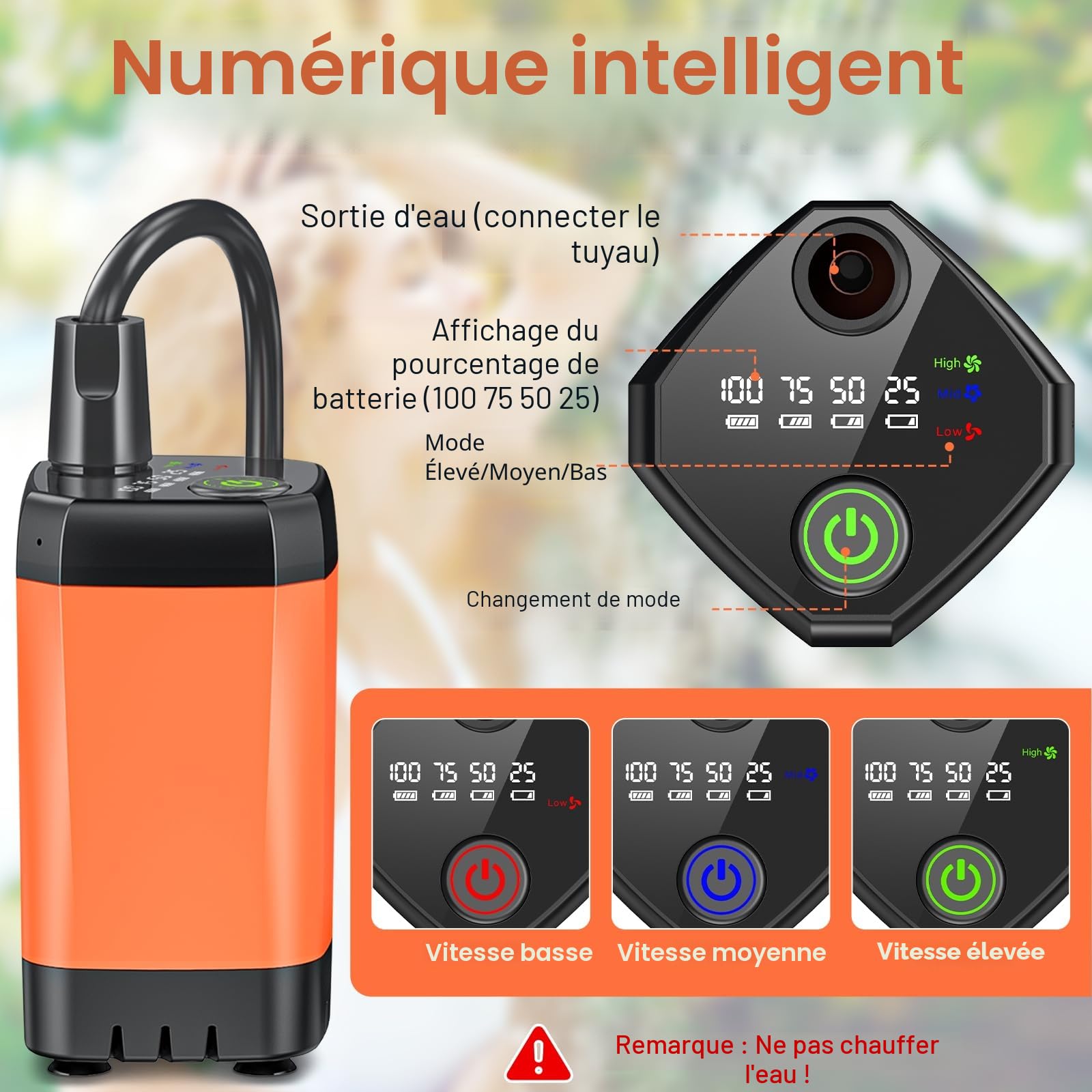 Rsaoty Douche avec Pompe, 3000 mAh Douche de Camping Rechargeable, Portable Camping Douche avec écran Intelligent et Tuyau de 2 m,Pression d'eau Réglable pour Camping, Animaux domestiques