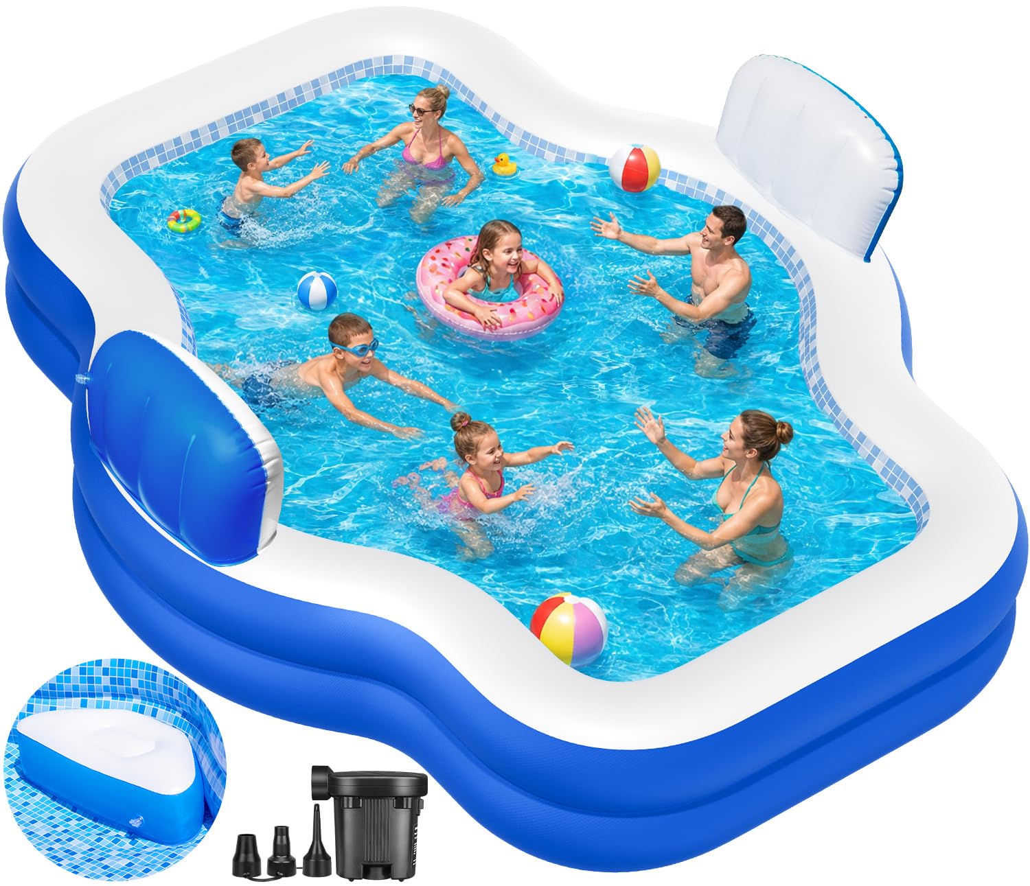 Photo 1 of Inflatable Swimming Pool with Seat Pump, 121" X 90" X 22" Blow-Up Pool for Kids Adults Oversized Thickened Kiddie Pool Family Full Sized Inflatable Pools for Garden, Backyard, Outdoor Water Party