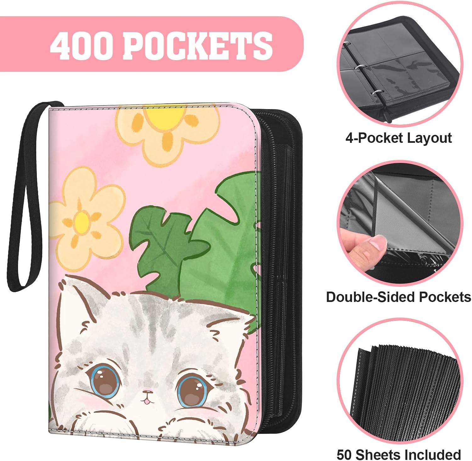 4 Pocket Trading Card Binder with Zipper, 3 Ring Refillable Album, 50 Removable Sleeves with Double-Sided Top-Loading Pockets, 400 Pockets, PU Cover, Pink Floral Cat image 2