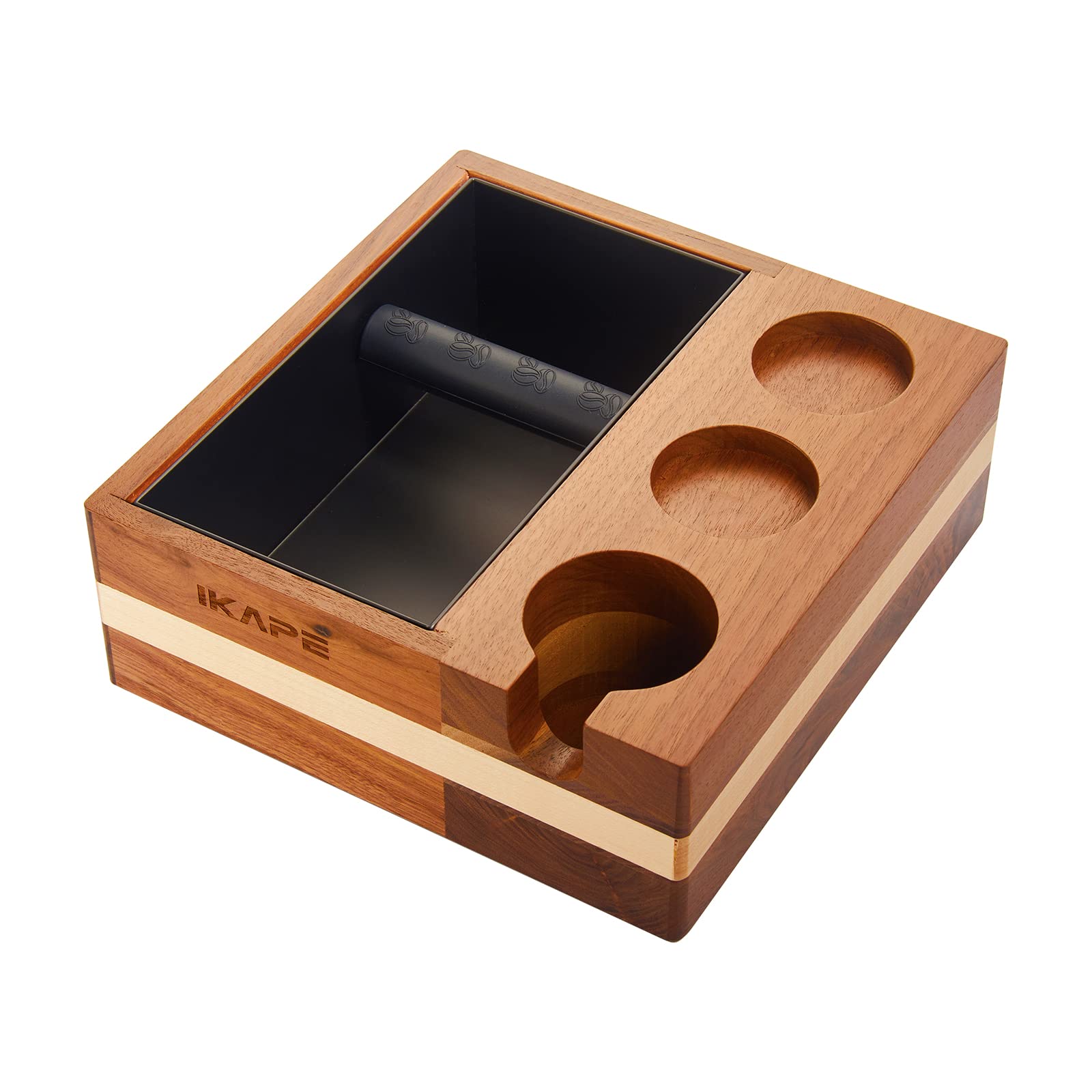 IKAPEEspresso Knock Box, 4 in One Espresso Accessories Organizer Box Compatible with 51&54MM Espresso Accessories, Natural Mahogany Tamping Station Base