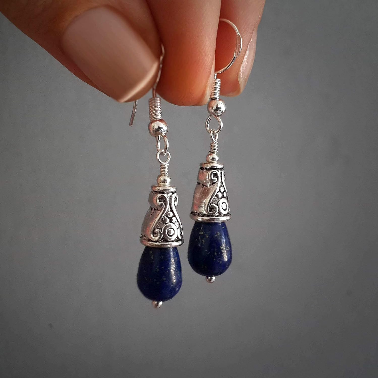 Lapis Lazuli Teardrop Earrings 925 Sterling Silver Hooks and Tibetan Silver Handmade Jewelry for Women in a Gift Box - Image 4