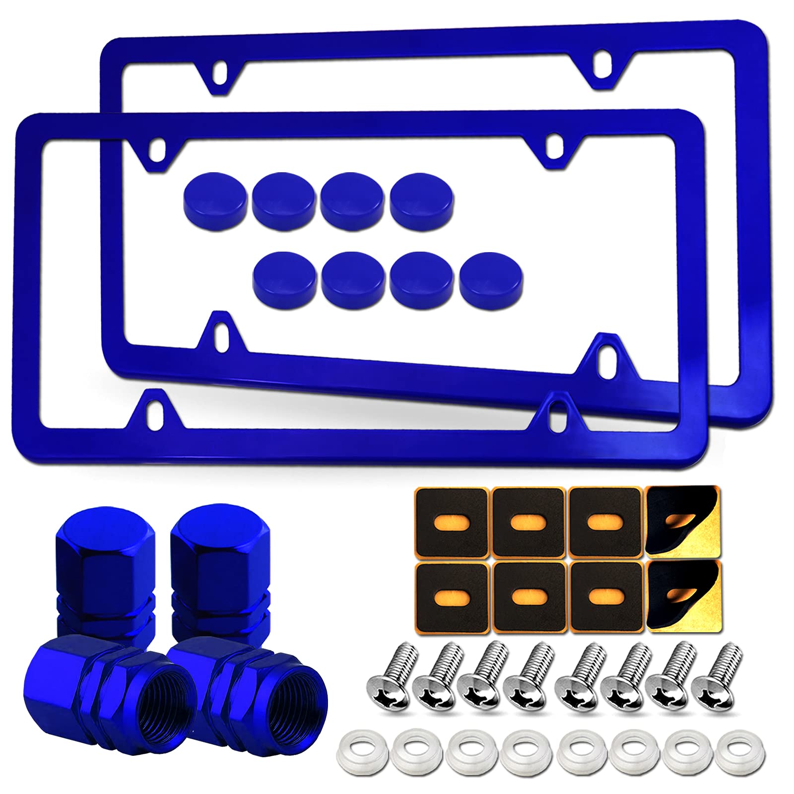 Blue License Plate Frames- Aluminum Front & Rear Car Tag Covers for Men Women, 2 Pack 4 Hole Thin Slim Holders with Mounting Hardware Kit- Stainless Steel Screws, Rattle Proof Pads, Tire Valve Caps