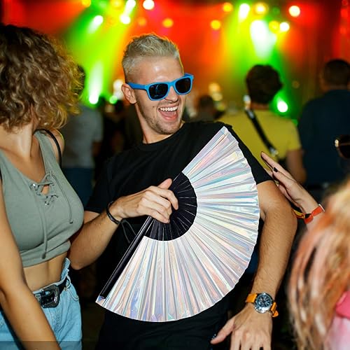 Miniatura 5 de 2 abanicos de mano plegables holográficos, grandes abanicos iridiscentes con varillas de bambú para hombres y mujeres, ventilador decorativo de mano