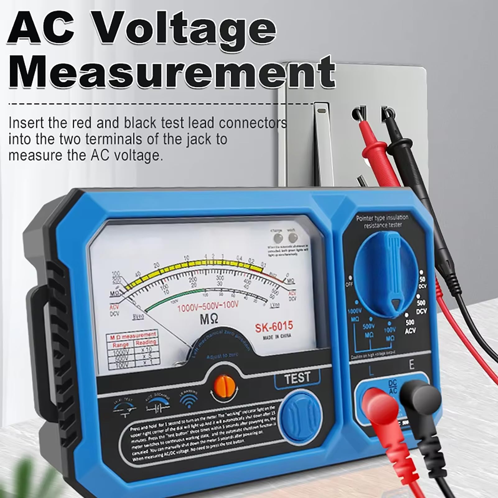 Karlak Tester di Resistenza di Isolamento Analogico Misuratore Tensione Tester Elettrico Puntatore Tipo 100 V 500 V 1000 USB C Ricarica Ampio Quadrante Retroilluminato Allarm (SK-6015)