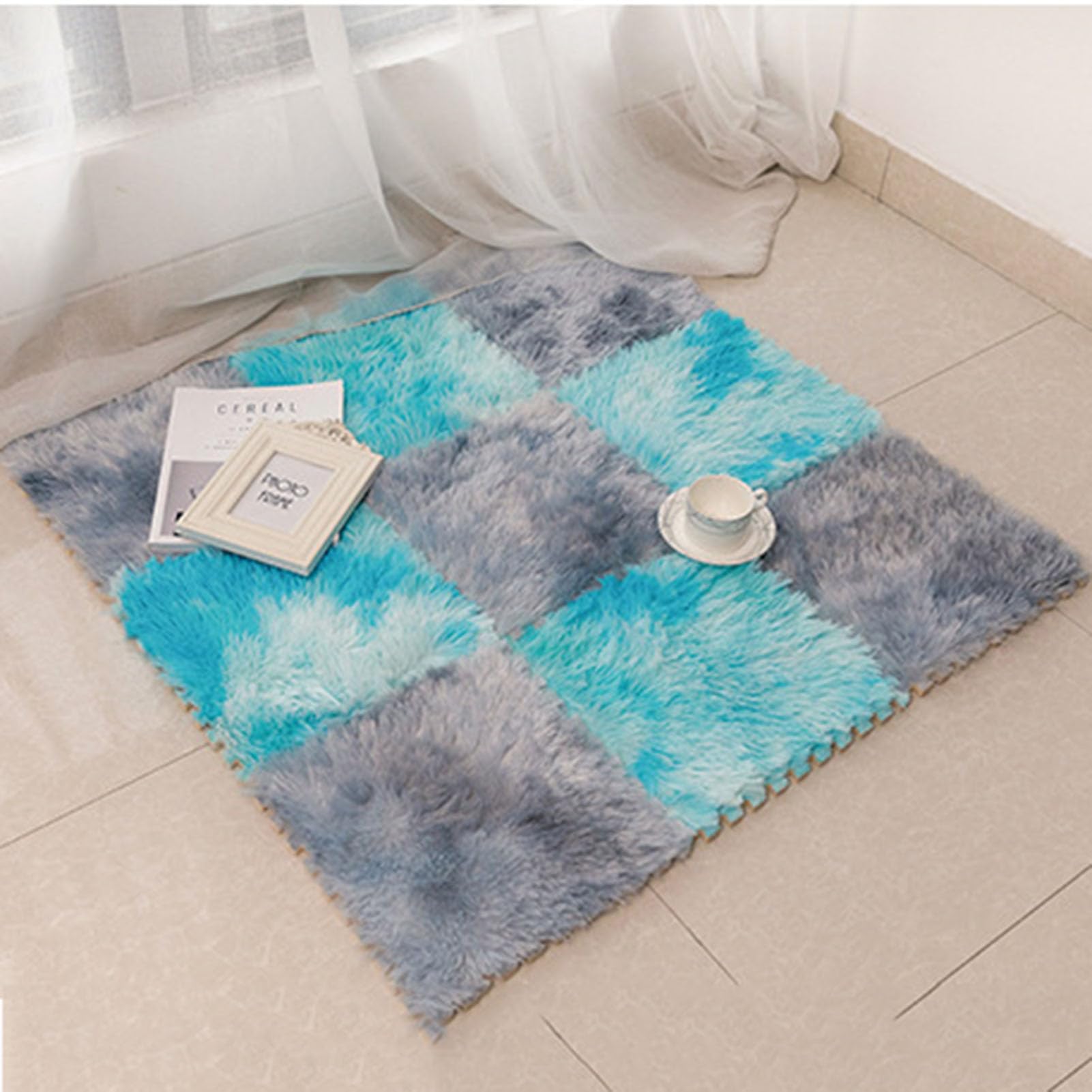 Tappeto ad Incastro Splice 12 Pezzi, Tappeto in Schiuma di Peluche, Tappeto in Schiuma a Puzzle, Tappeto per Gattonare in Camera da Letto, Tappeto in Schiuma Antiscivolo,Blue+Gray