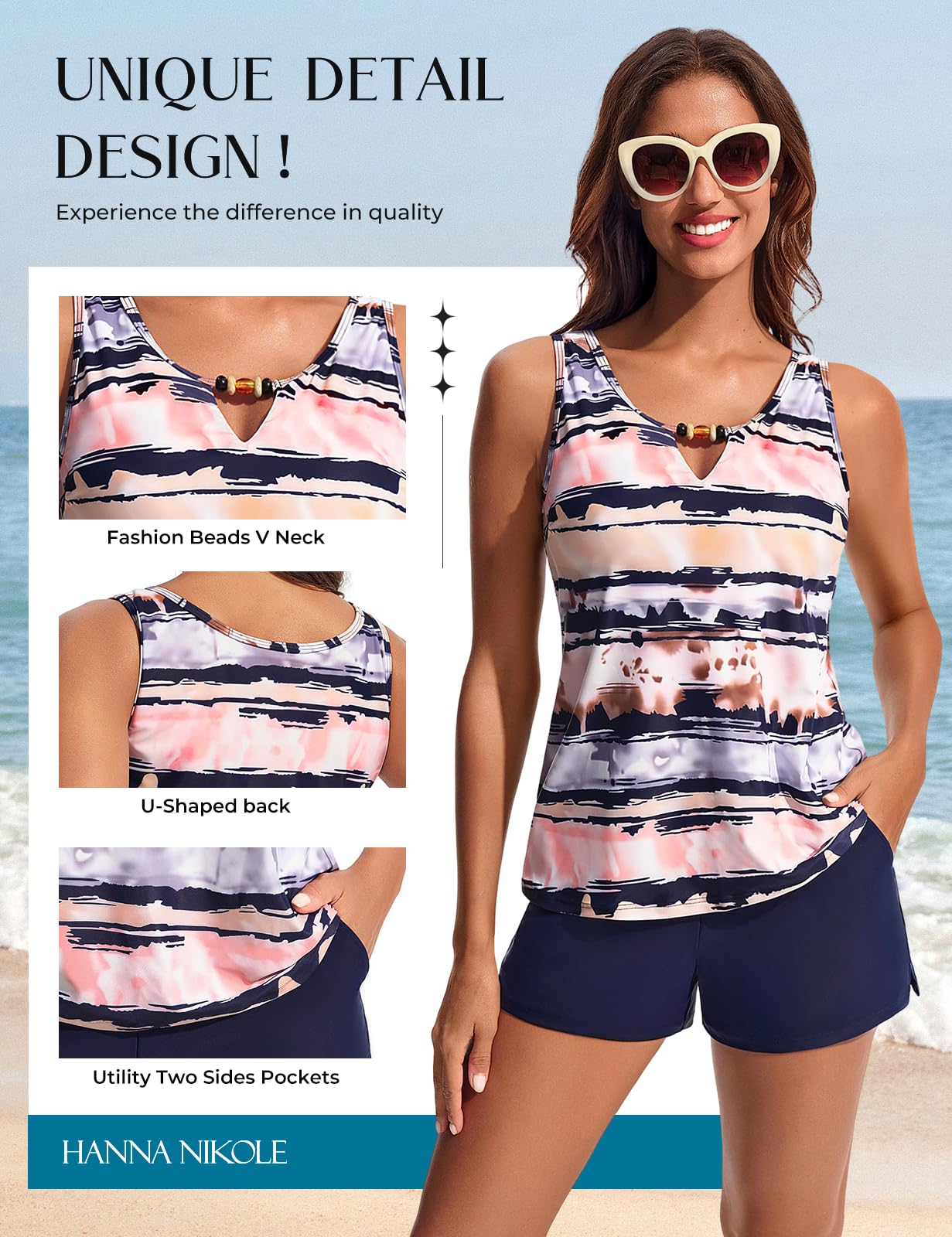 Hanna Nikole Tankini Damen Badeanzug, Bauchweg Zweiteiliger Bademode Set, Push Up Tank Oberteil mit Badeshorts, Sport Badeanzug für Damen Sportliche Strandmode