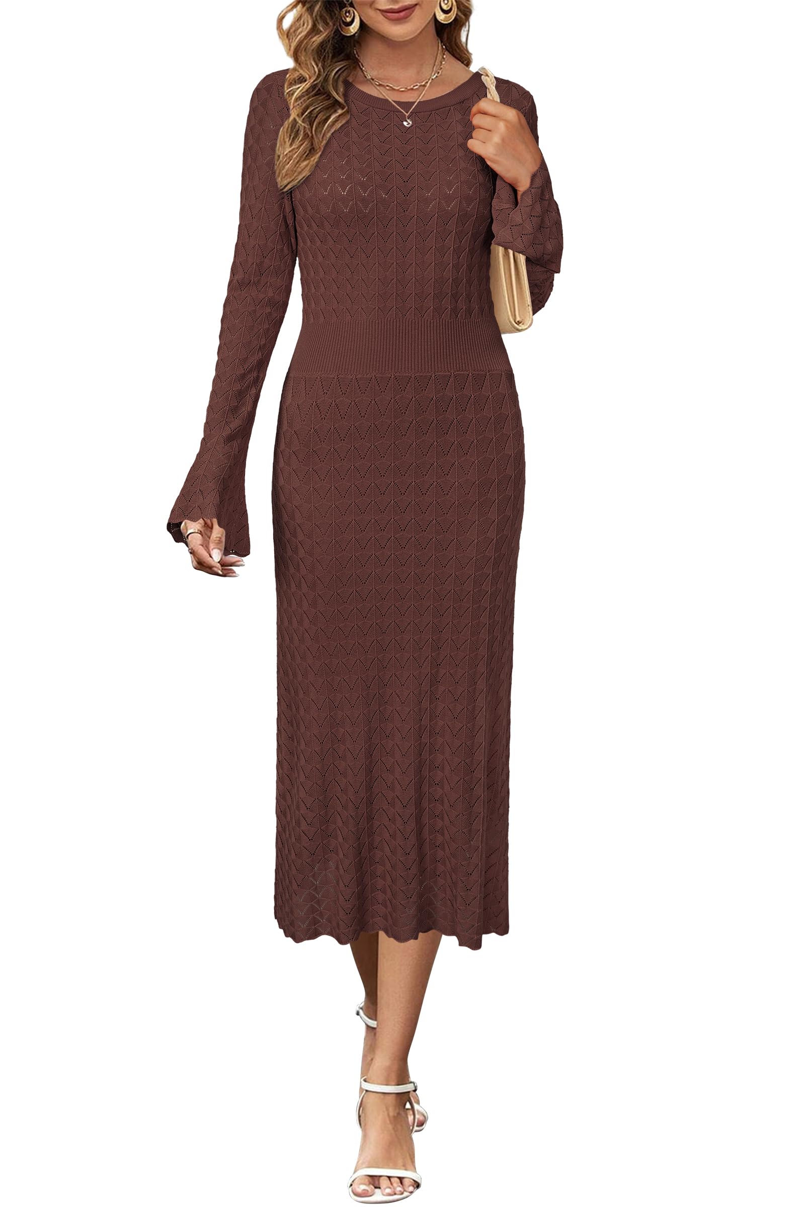 Newshows Women Winter Sweater Dresses 2026 Church Midi Long Sleeve Hollow Knit Modest Business Casual Outfits