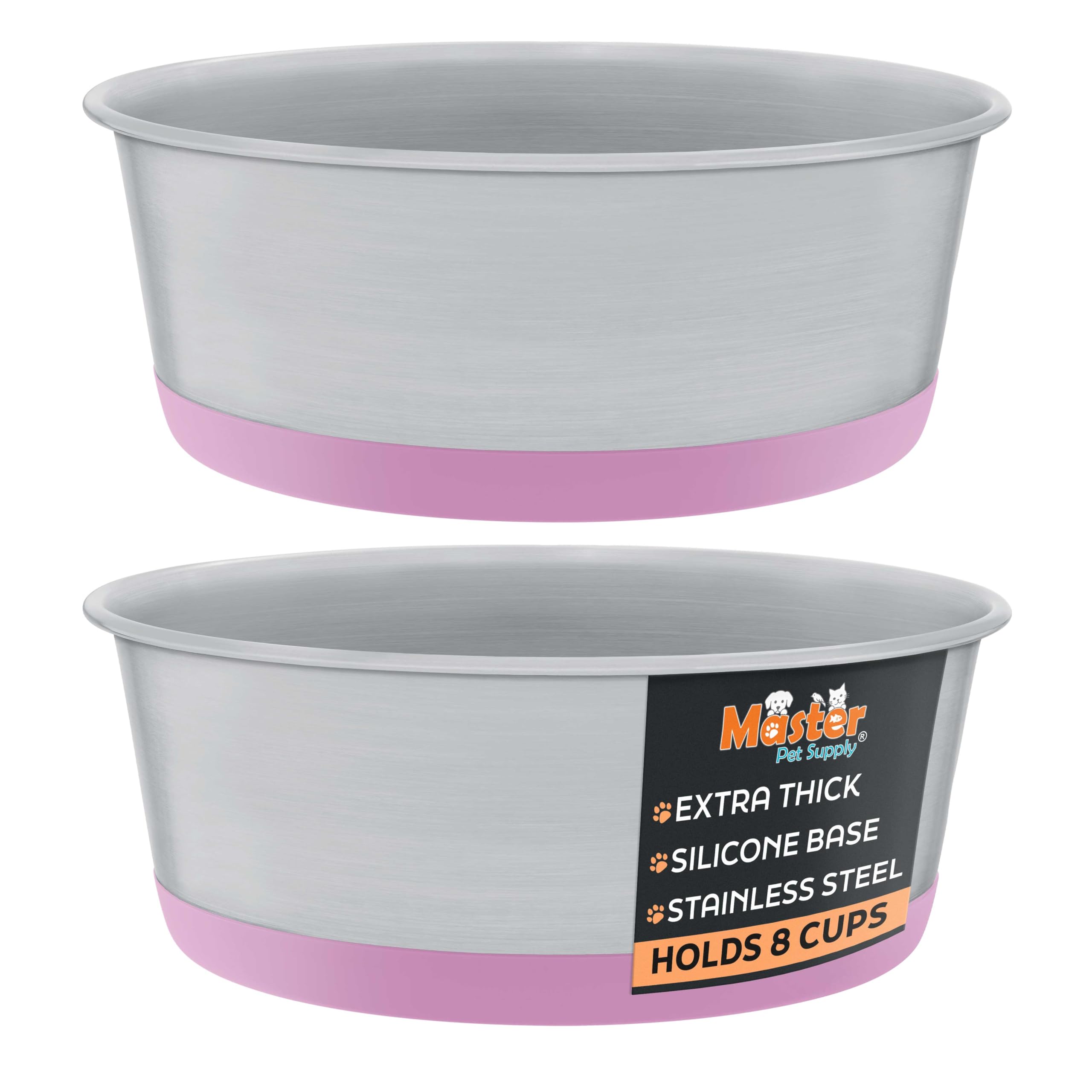 Master Pet Supply Stainless Steel Dog Bowls Set of 2 with Extra Thick Silicone Base - 8 Cup (64 oz) Hyper Pink, Non-Slip, Dishwasher Safe Metal Bowls, Pet Dog Food Bowl for Dogs, Cats, Anti Rust
