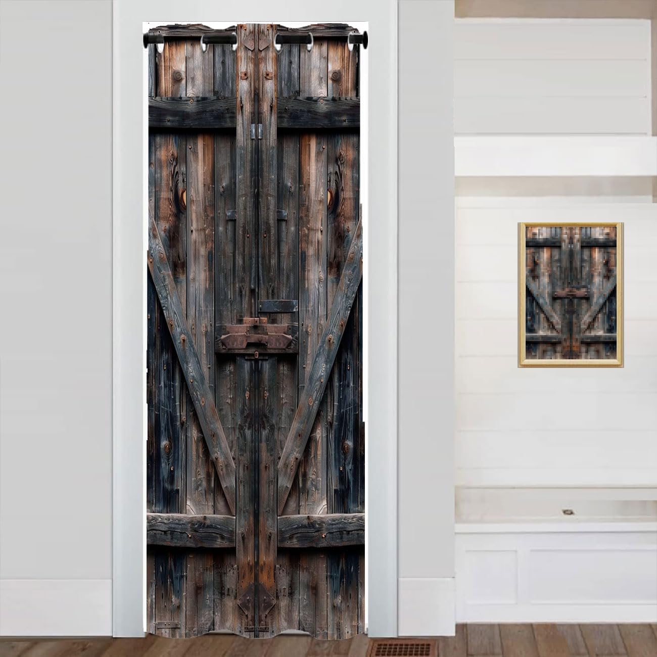 Rustic Wooden Barn Door Doorway Curtain, Farmhouse Wood Board Plank Country Vintage Green Leaves Closet Door Cover Curtain for Privacy Bedroom Doorway Living Room, 1 Panel 34" W X 80" L