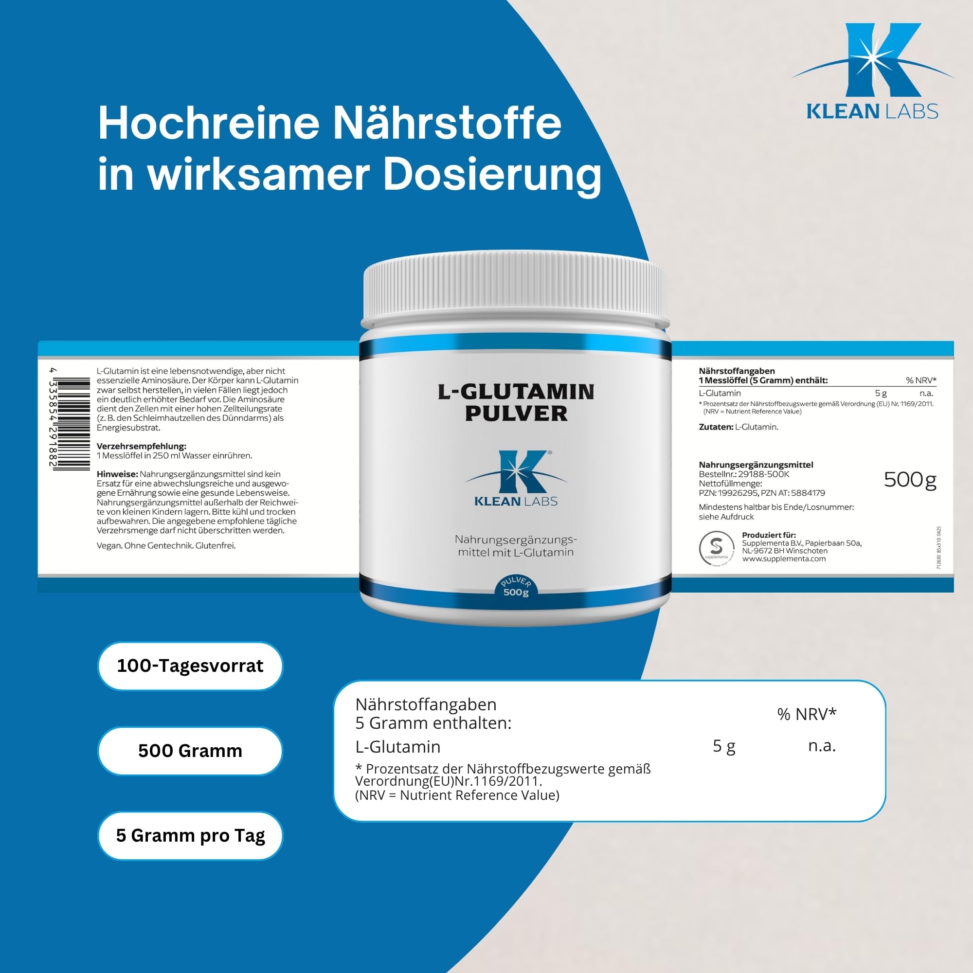 L-Glutamin Pulver - 5 g - 500 Gramm - ohne Gentechnik - unterstützt Muskeln, Darm und Immunsystem bei Belastung