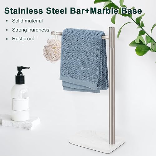 Miniatura 9 de Toallero de mano, soporte para toallas de mano en forma de F con base de mármol, soporte de acero inoxidable con 2 brazos giratorios, toallero de