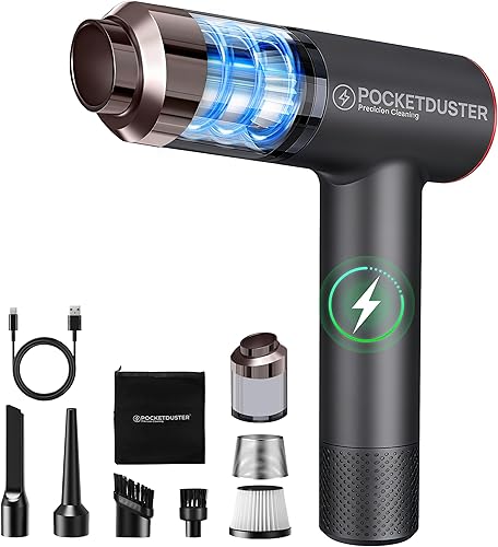 Plumero de aire comprimido 2 en 1 y mini aspiradora con 150000 altas rpm, potente motor sin escobillas para escritorio, teclados, laptop, secadora y