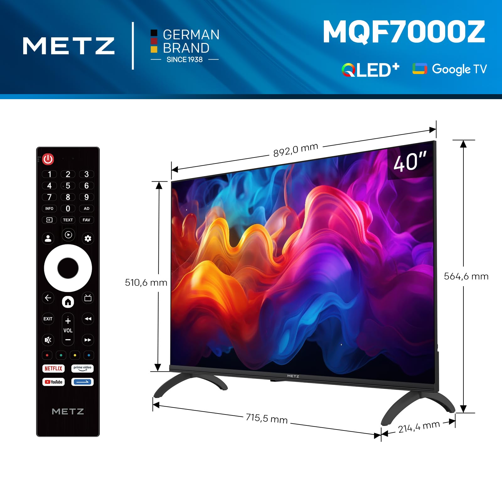 Metz 40 Pouces (100 cm) Smart TV FHD, QLED, LED Television Google Tele HDR 10 Dolby Audio Bluetooth 5,1 EyeCare Tuner DVB-T/T2/C/S/S2 CI+ (40MQF7000Z)