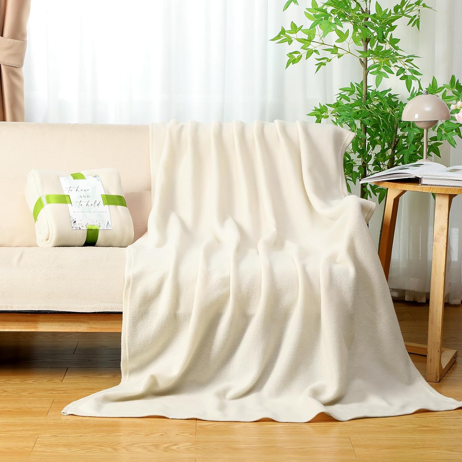 Buryeah 48 Pack Oeko-Tex Certified Wedding Flannel Throw Blanket Bulk 50 x 60 Inch Soft Fleece Lap Blanket with Thank You Cards Ribbon for Guests Sleepover Spa Slumber Gifts (Cream White) - Image 7