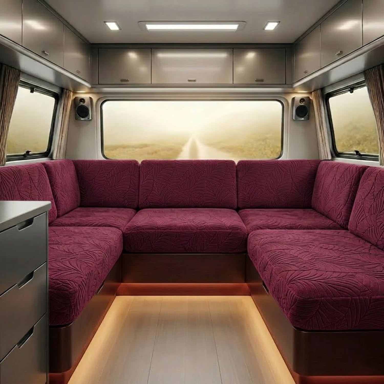 Stretch Caravan Cushion Covers Water Resistant, Jacquard Leaf Campervan Seat Slipcover with Straps, Motorhome Couch Protector(S4,W 90-130cm*D 60-90cm)