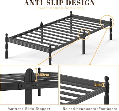 Metal Single Bed Frame with Underbed Storage and Steel Slat Support - Easy Assembly, Noise Free - 35.5cm High