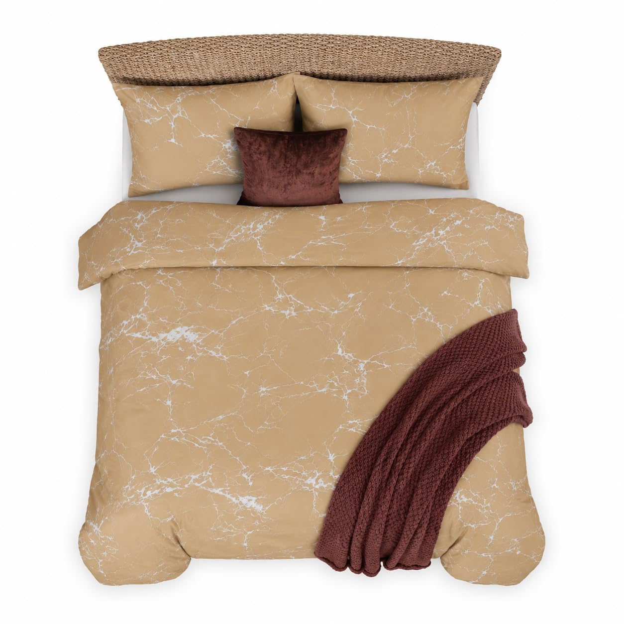 StylemyBedroom Marble Floral Duvet Cover Set - 4pc Bedding Set (Marble Beige, Double)