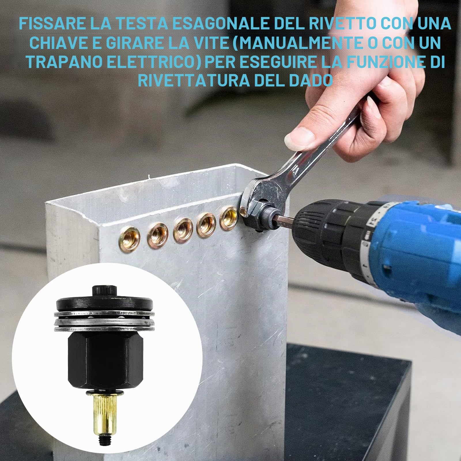 186 pezzi Rivettatrici Manuali di Teste Set, Contiene 180 pezzi ciascuno di dadi M3/M4/M5/M6/M8/M10, Rivettatrice per Inserti Filettati, Mandrino Punte Trapano Metallo per Rivettatrice