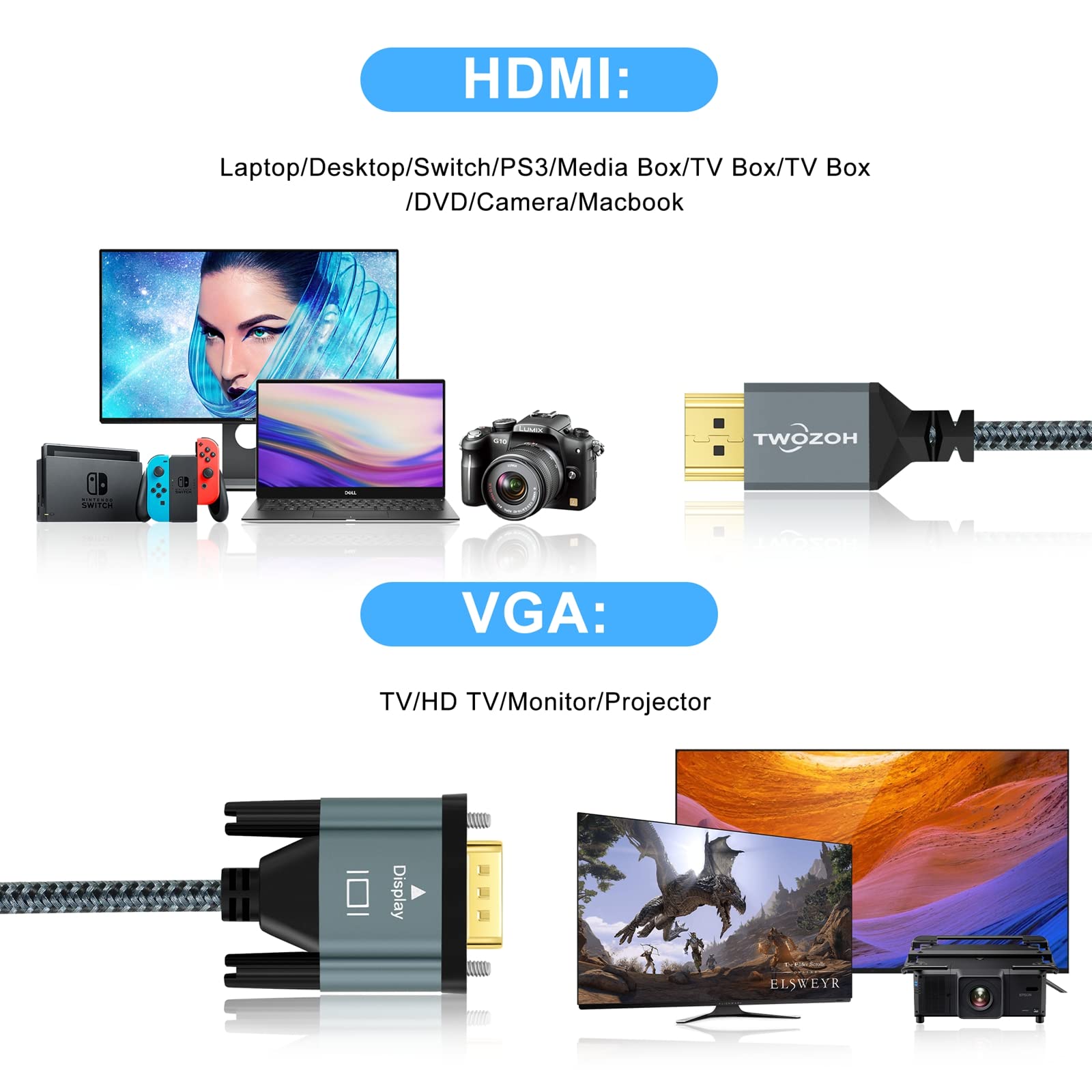 Twozoh Cavo HDMI a VGA 1M 2 Pezzi, lega di alluminio Shell Nylon Intrecciato & placcato oro HDMI VGA Supporto 1080P/60HZ per Desktop, laptop, PC, Monitor, Proiettore, HDTV