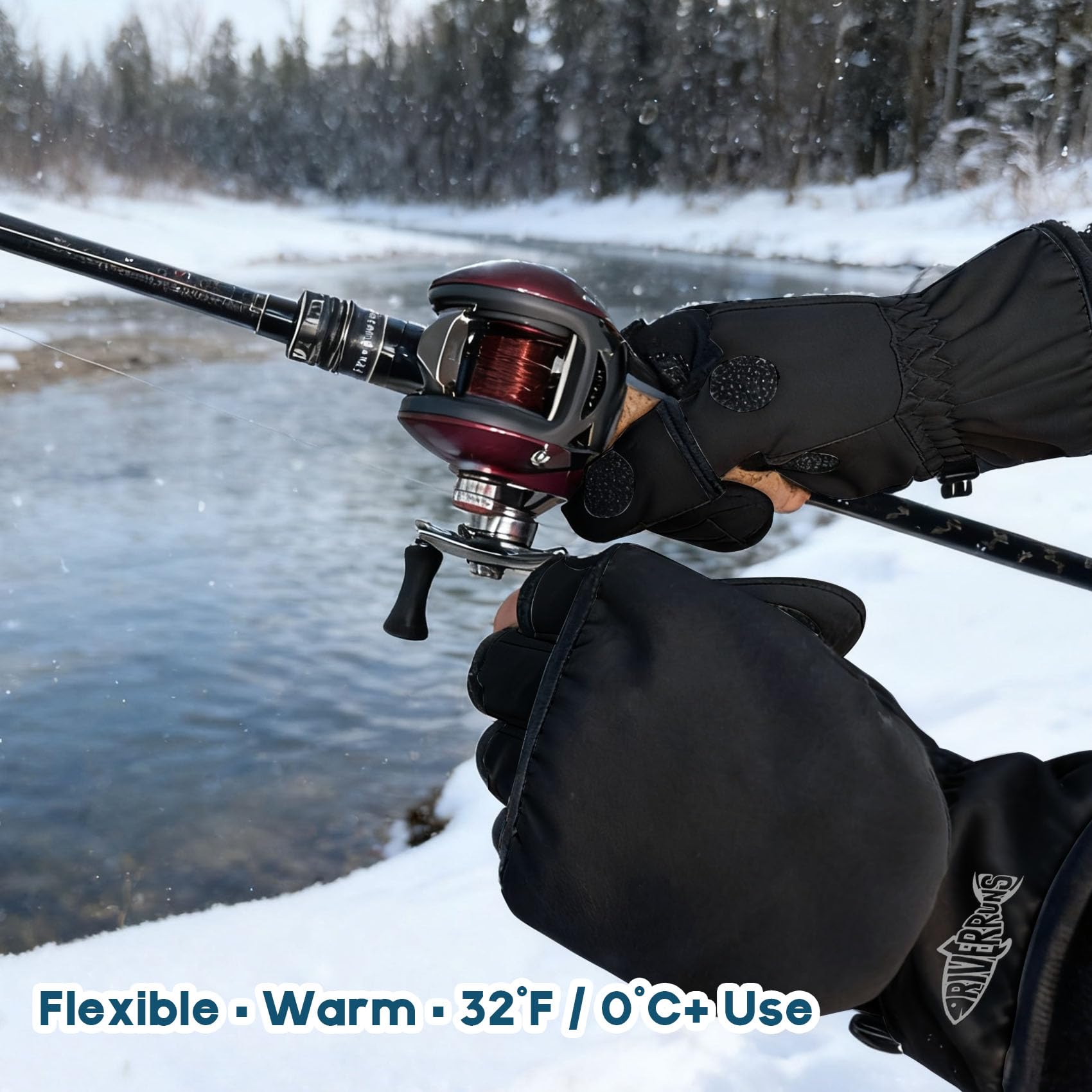 Riverruns Winter Fishing Gloves Convertible Mittens and Fingerless Gloves for Men Women, Ideal for Ice Fishing, Photography, Hunting, Outdoor Use