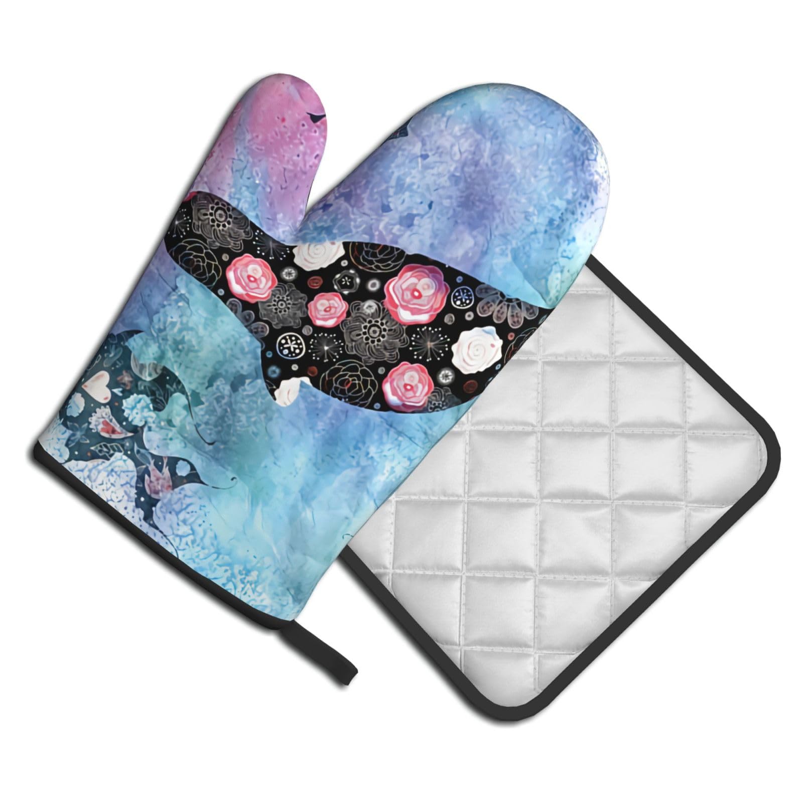 Oven Mitts and Pot Holders Set of 2 Pcs, Whale Printed Heat Resistant Kitchen Gloves Potholders for Cooking Baking Grilling
