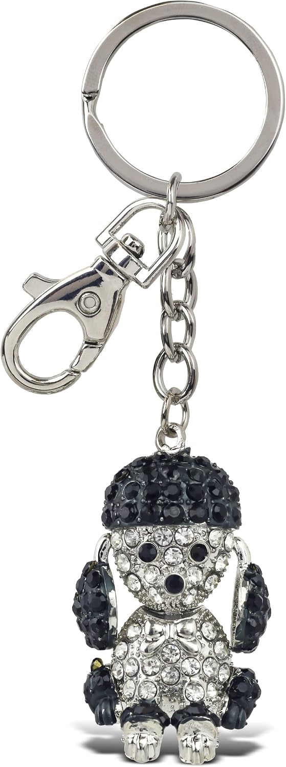 Cute Poodle Dog Keychain - Silver 3D Sparkling Charm Rhinestones Fashionable Stylish Metal Alloy Durable Key Ring Bling Crystal Jewelry Accessory with Clasp